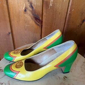 Vintage Women's Yellow and Green Heels with Orange and gold accents